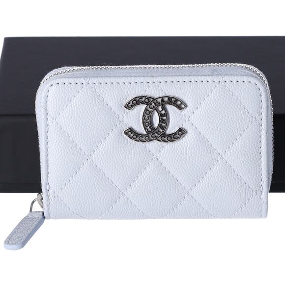 CHANEL Perforated CC Logo Coin Case Light Blue Caviar Leather - Picture 1 of 5